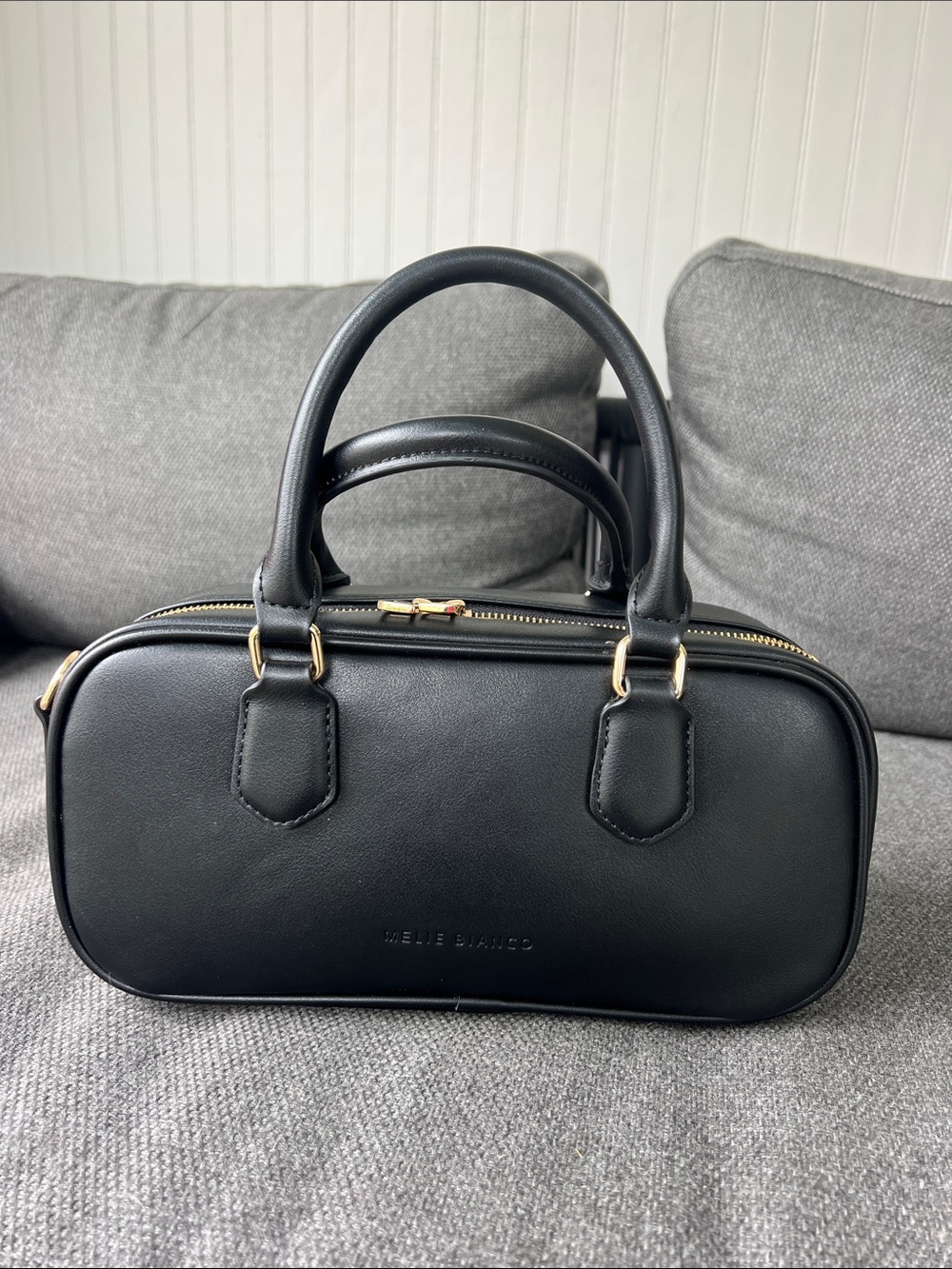 Melie Biiano Black Double-Handle Barrel Satchel with Gold-Tone Hardware